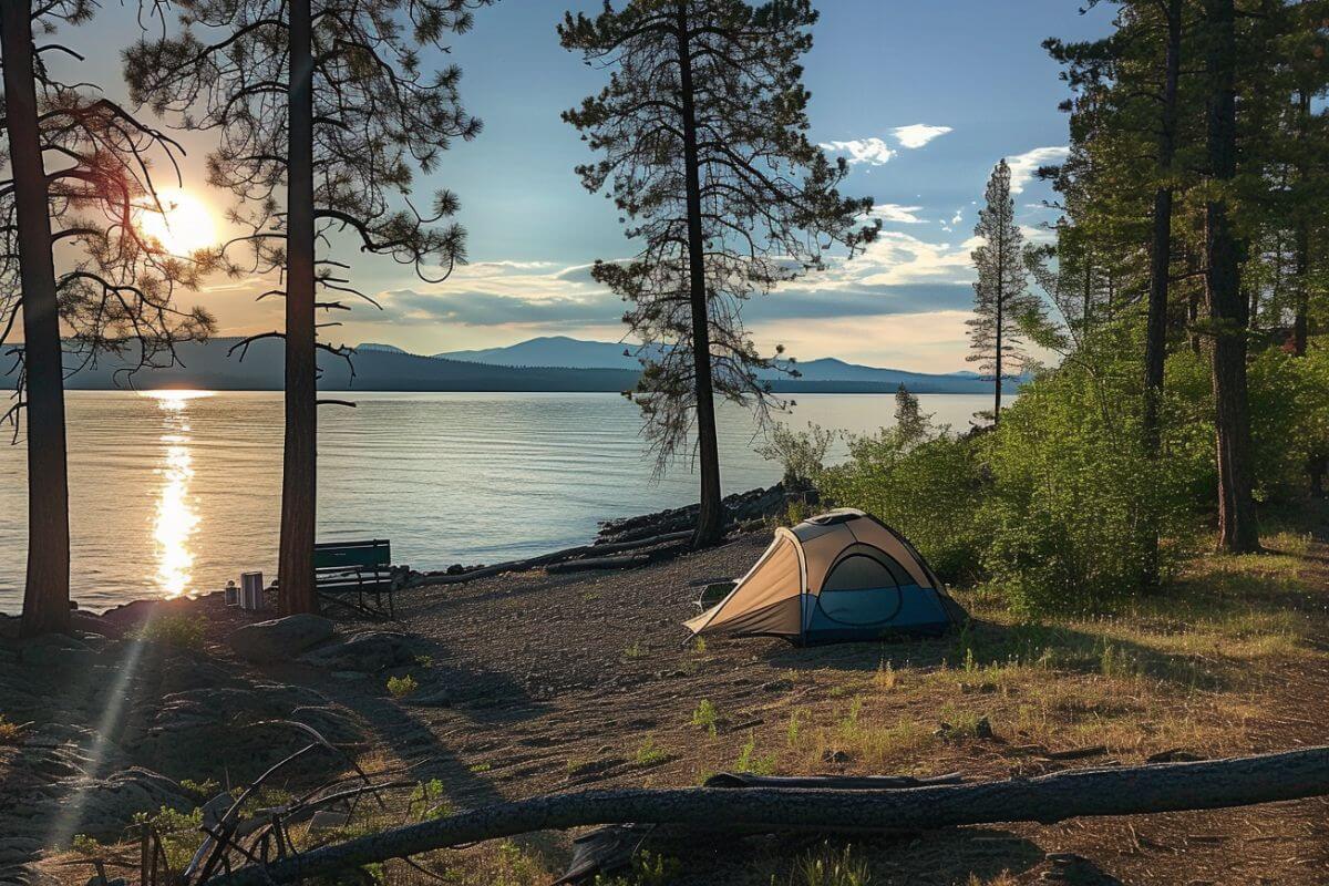 A tent set up on the shore of Whitefish Lake State Park, Montana.