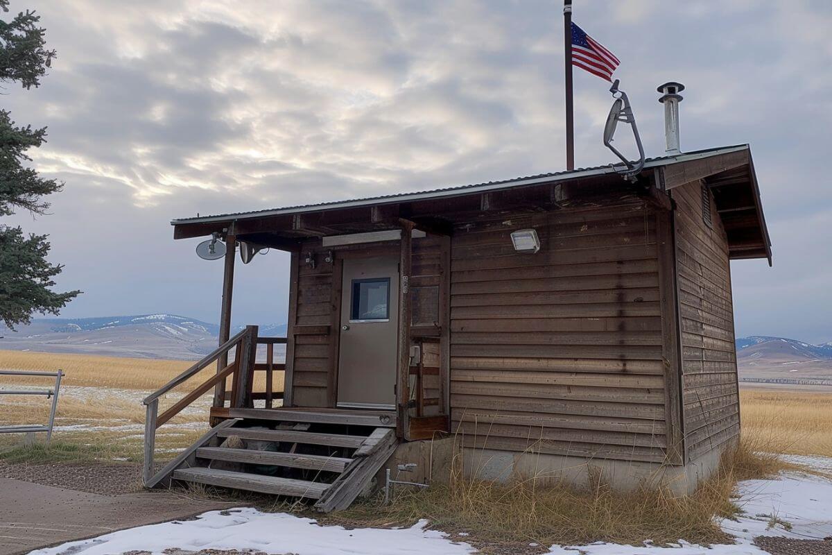 A small wooden cabin with a staircase and an American flag atop, one of the check stations after hunting in Montana.