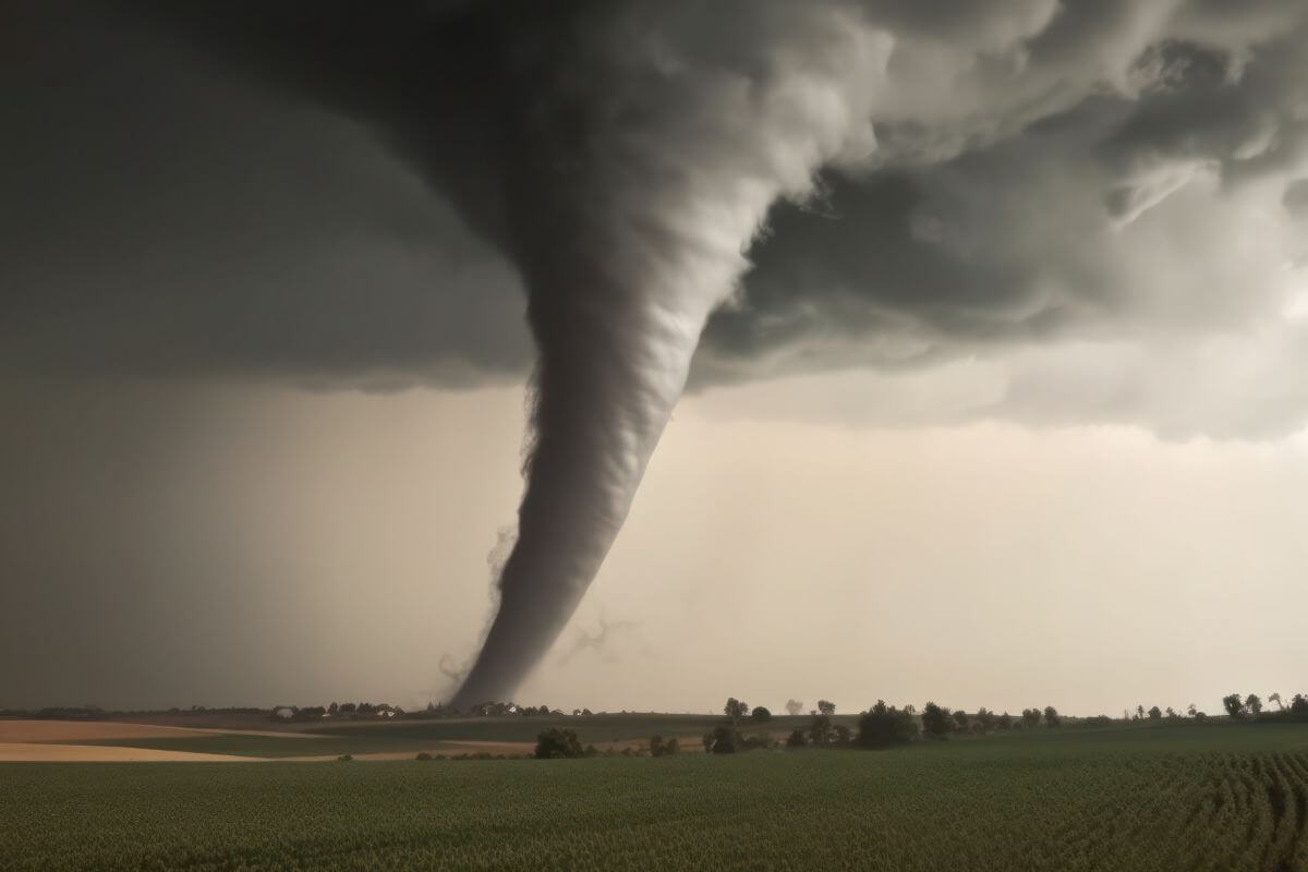 A large twister ravages through a field.