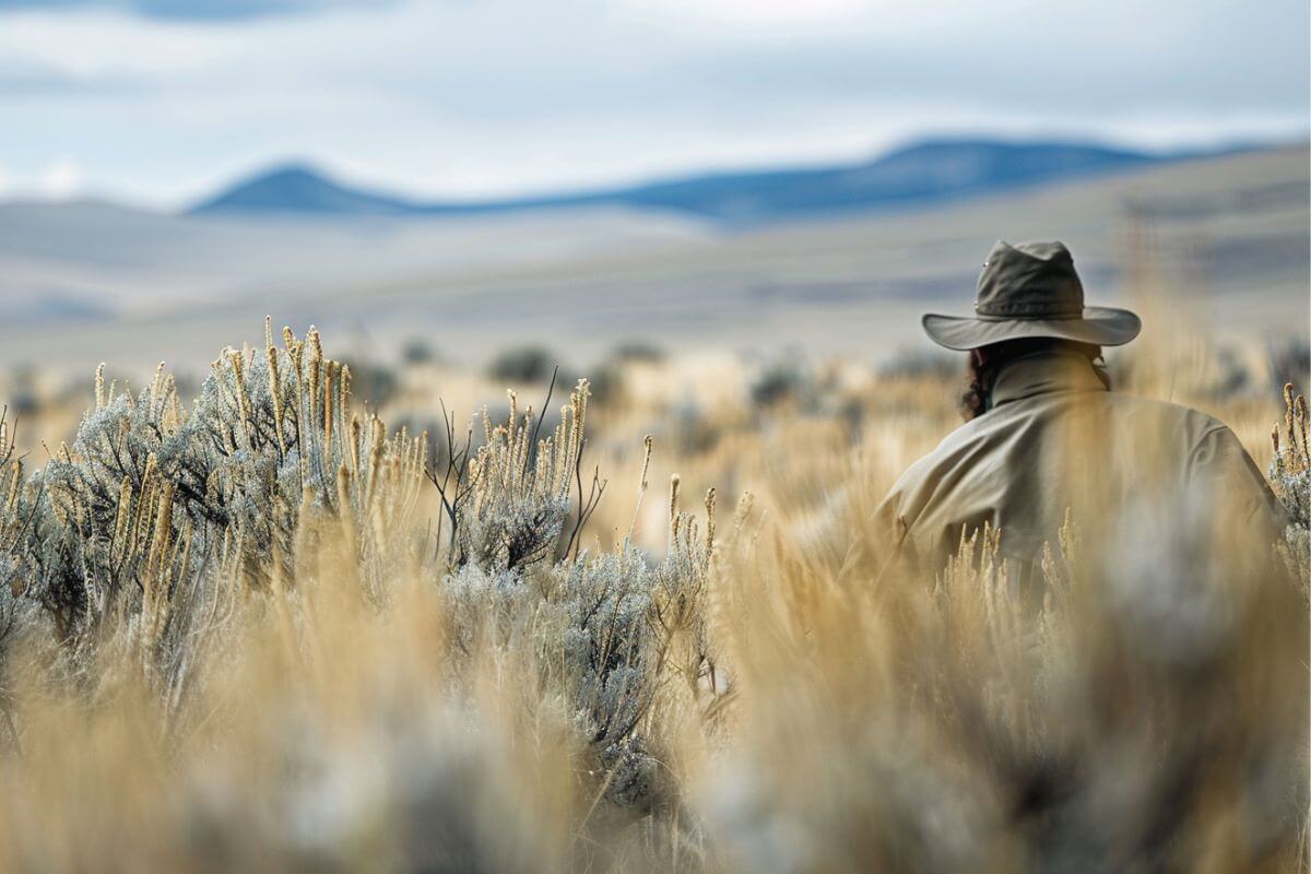 The back view of a Montana hunter walking through the tall grass in search of antelope prey