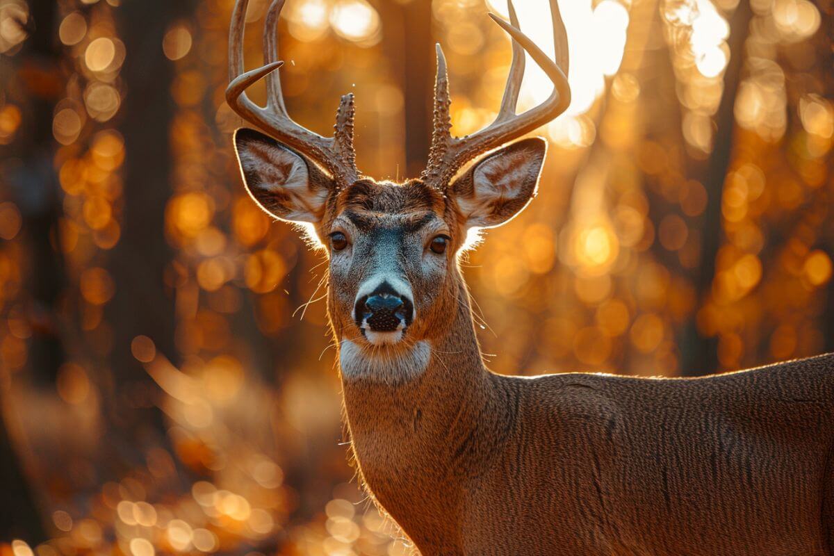 A close-up of a Montana whitetail deer as it stands in a forest during the golden hour.