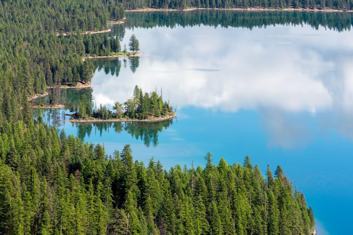 An aerial view of Holland Lake in Montana nestled amid trees.