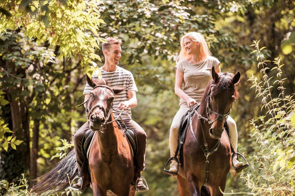 A man and woman riding horses on a sunny forest trail near Piegan Waterfall smile at each other