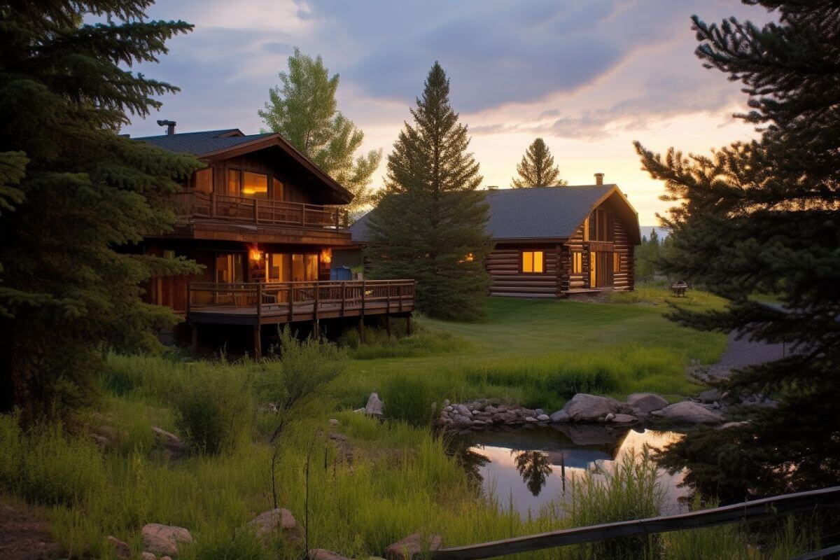 Neighboring log cabins in a grassy area fronting a pond during the golden hour in Montana.