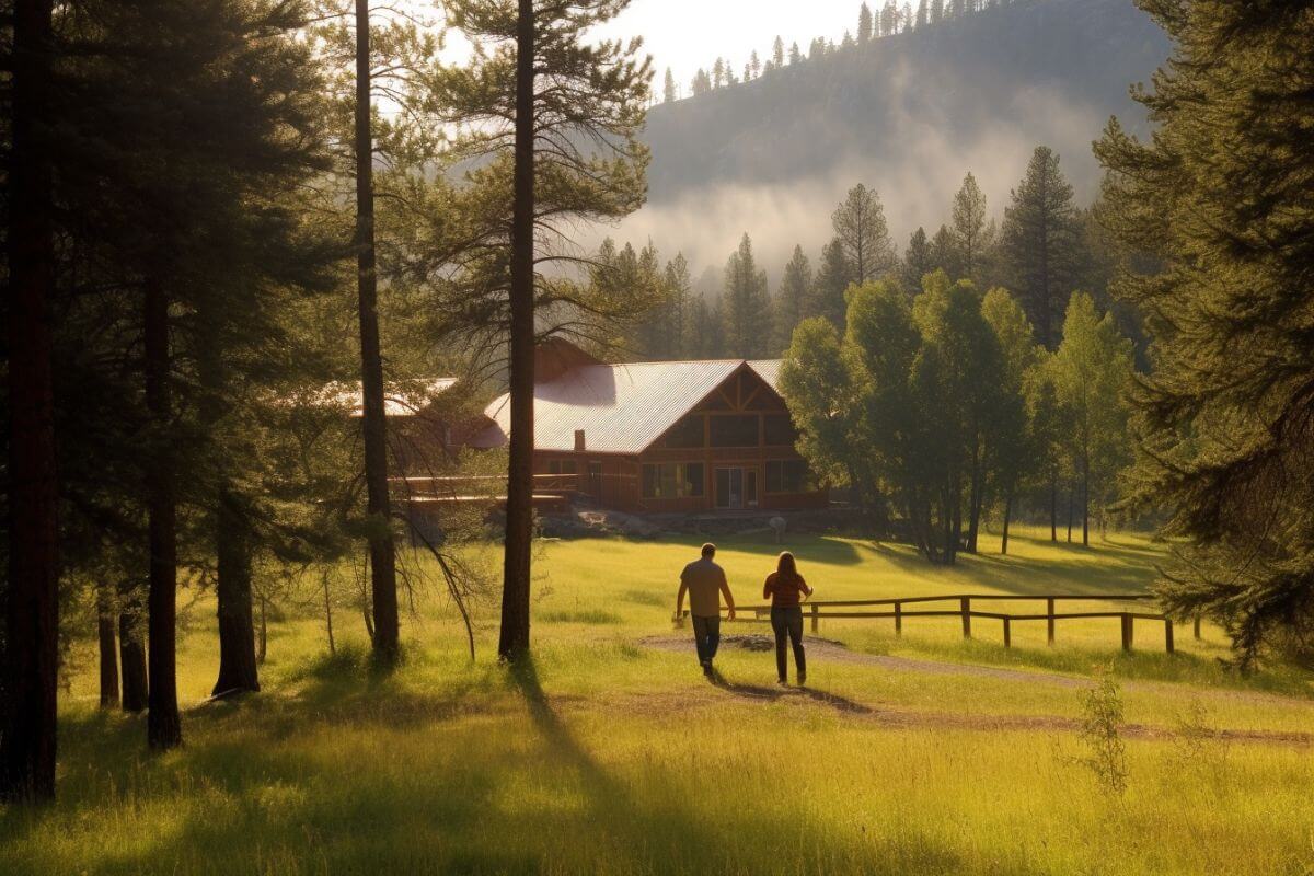 A couple leisurely strolls through a picturesque field towards their cabin during their romantic Montana vacation.