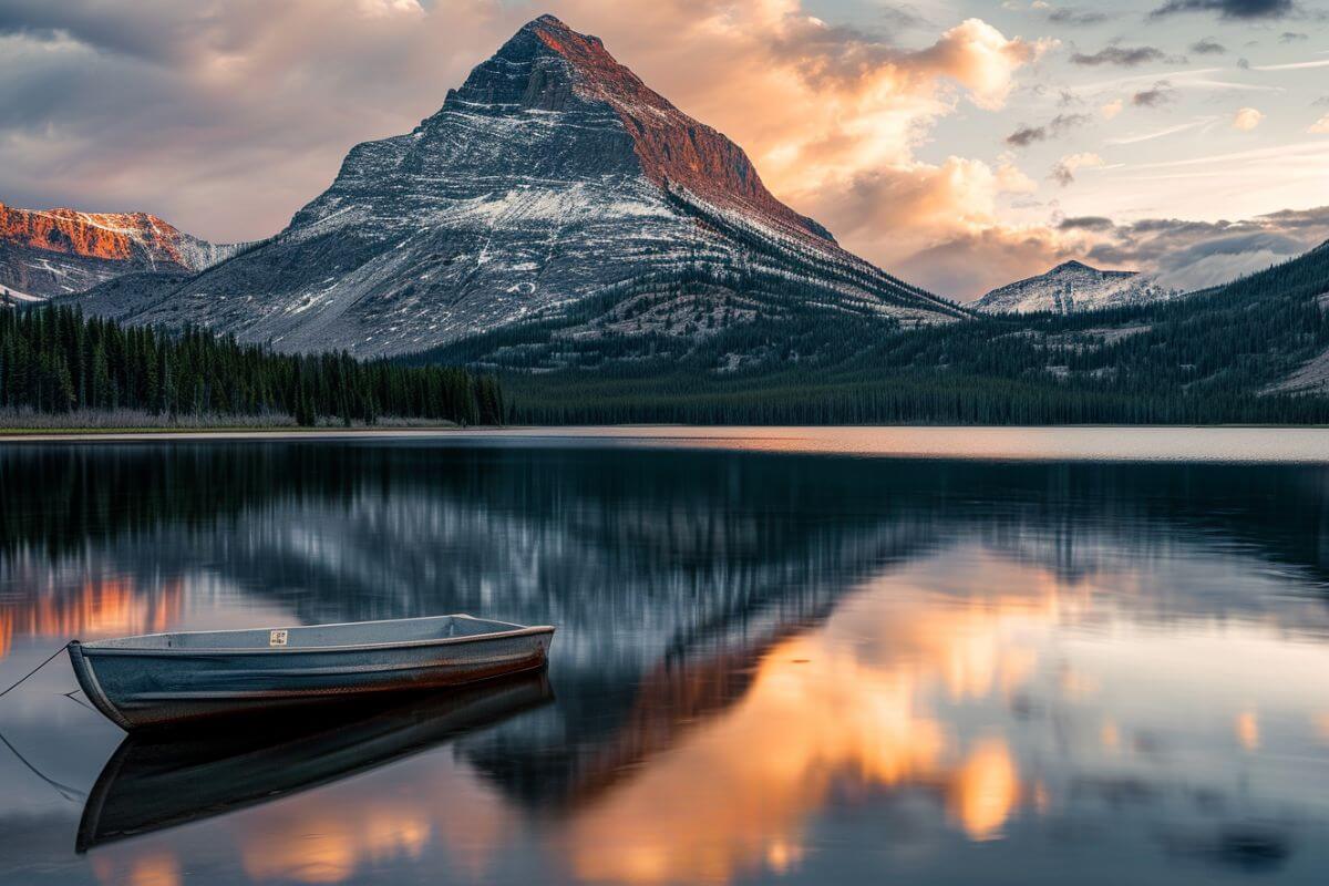 A majestic peak and a serene lake bathe in the afterglow of the setting sun.
