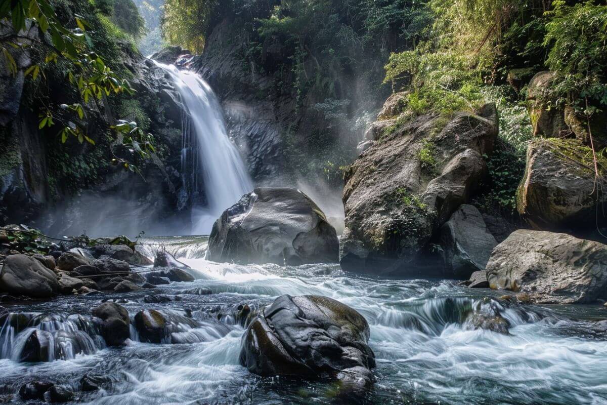 Miche Wabun Falls flows into a misty river, flanked by lush greenery and large boulders in a forest. 