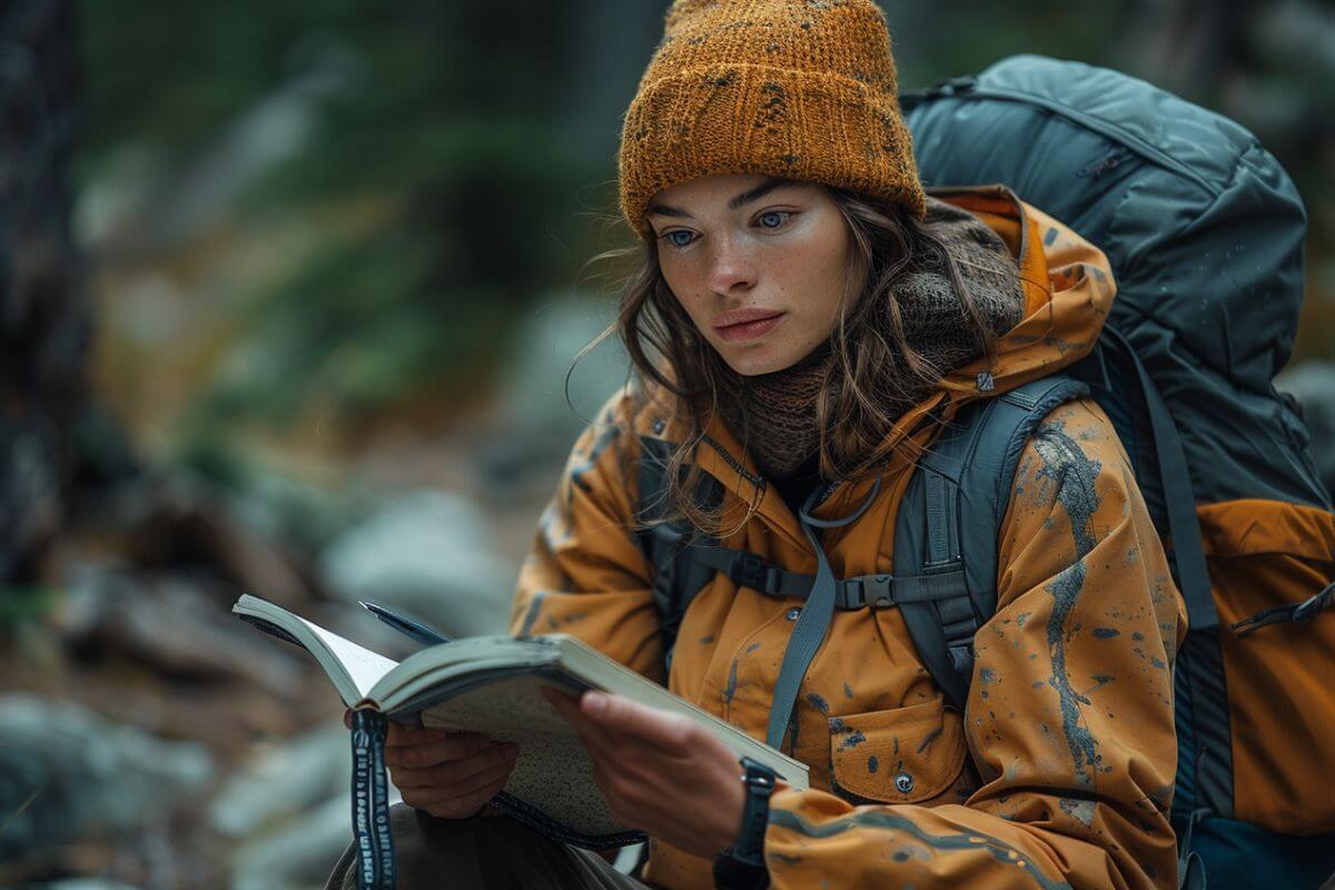 A woman reads a manual on bighorn sheep hunting regulations in Montana