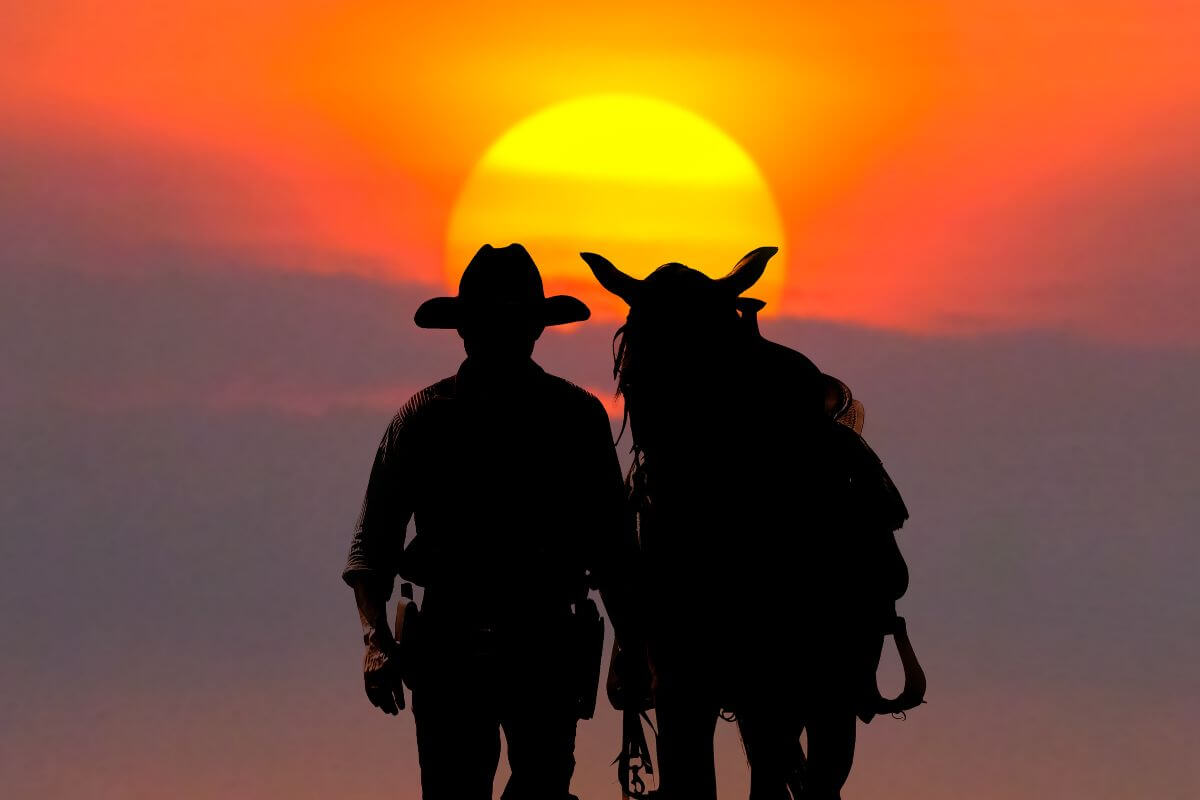A silhouette of a cowboy and his horse at sunset in Montana.