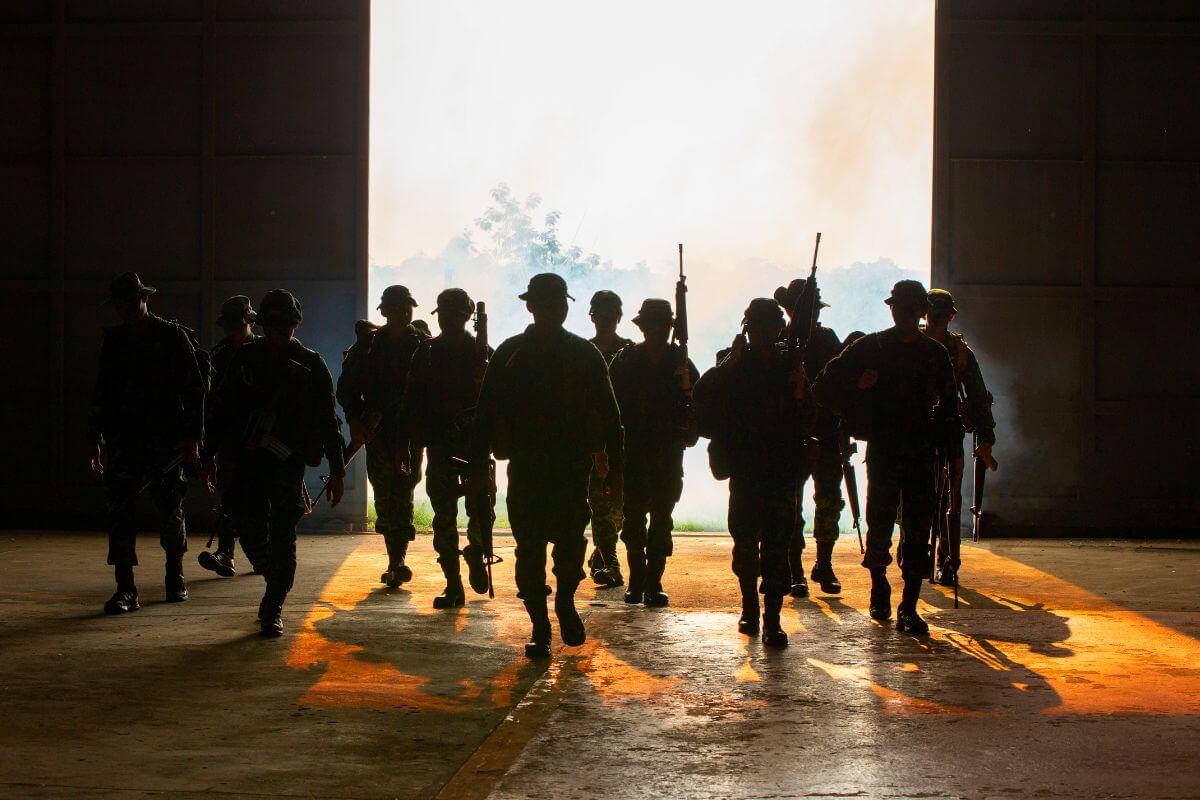 A group of soldiers entering a military base in Montana