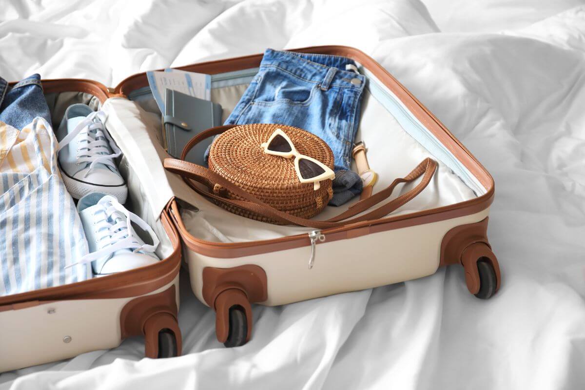 An open suitcase on a bed displays a pair of jeans and a bag, ready for a Montana travel adventure.