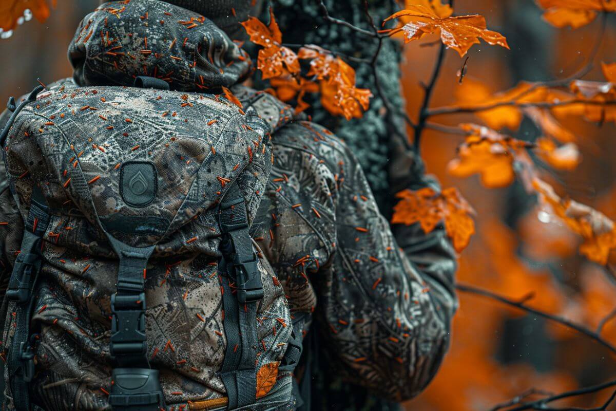 A person in camouflage hides behind a tree while on the lookout for squirrels during a Montana hunting trip.