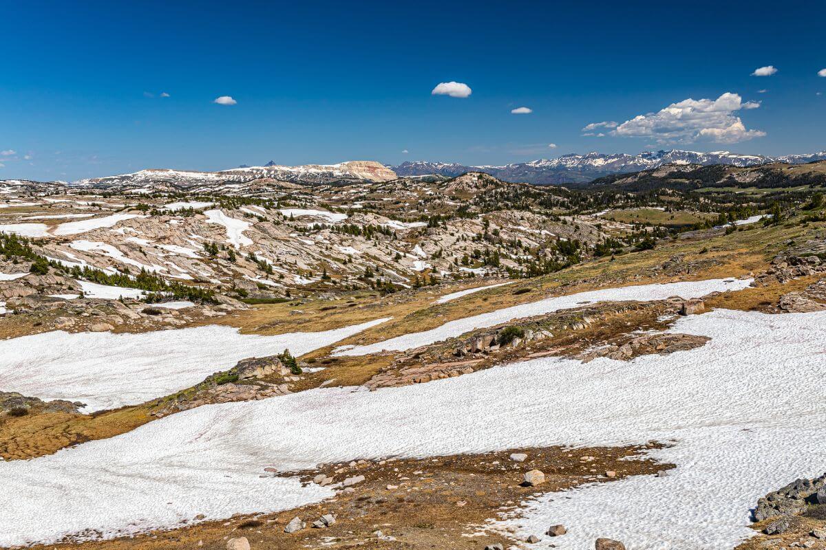 A view of snow-covered rocky terrain in the mountains of Montana.