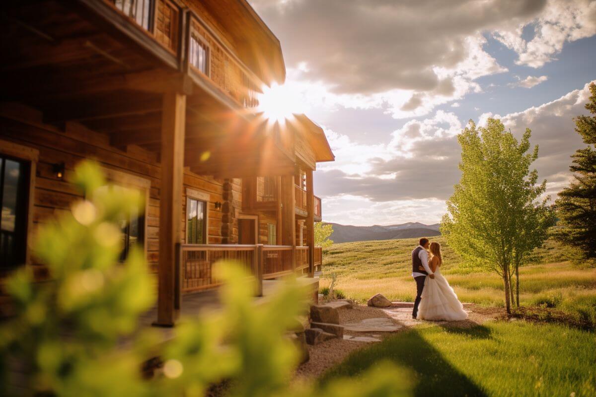 A bride and groom share an intimate moment outside their cabin nestled in the Montana mountains.
