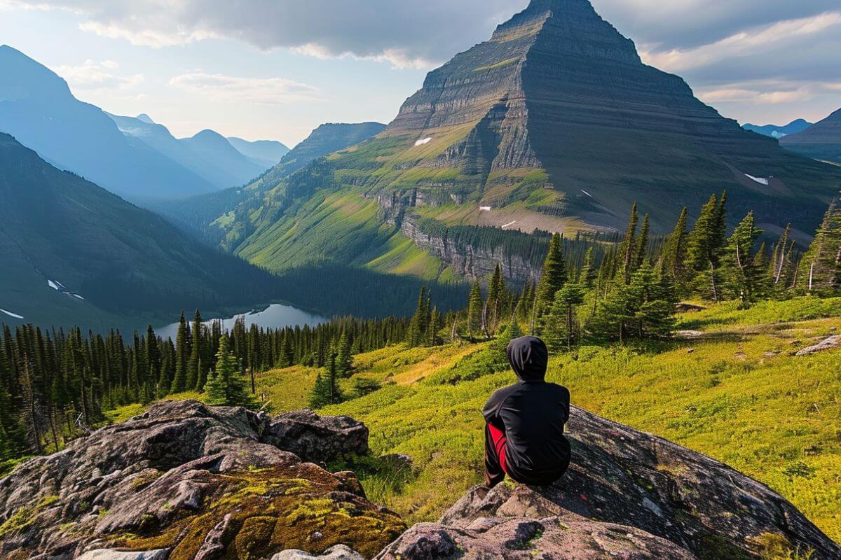 A person sits on top of a rock on a mountainside overlooking a valley in Montana.