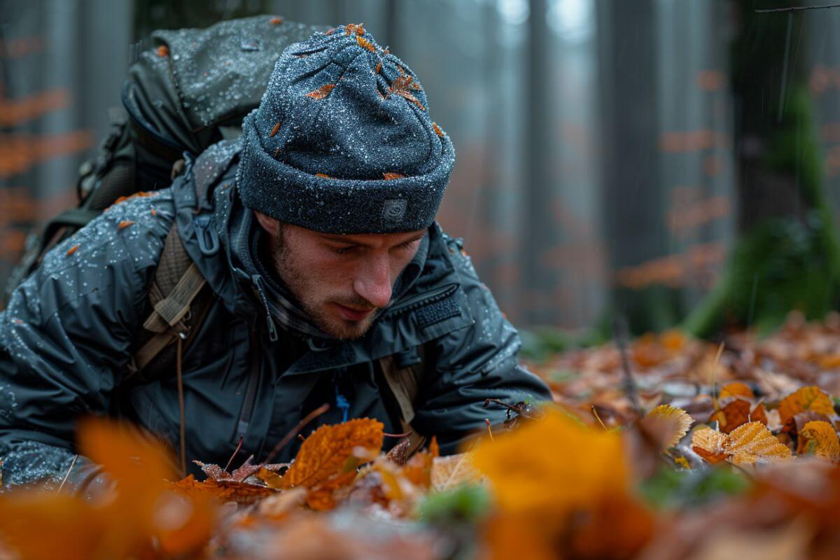 A hunter carefully examines his wolf traps on the forest floor carpeted with fallen leaves in Montana.