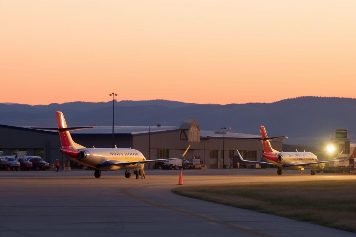 Two airplanes parked on the tarmac at a Montana airport at dusk.