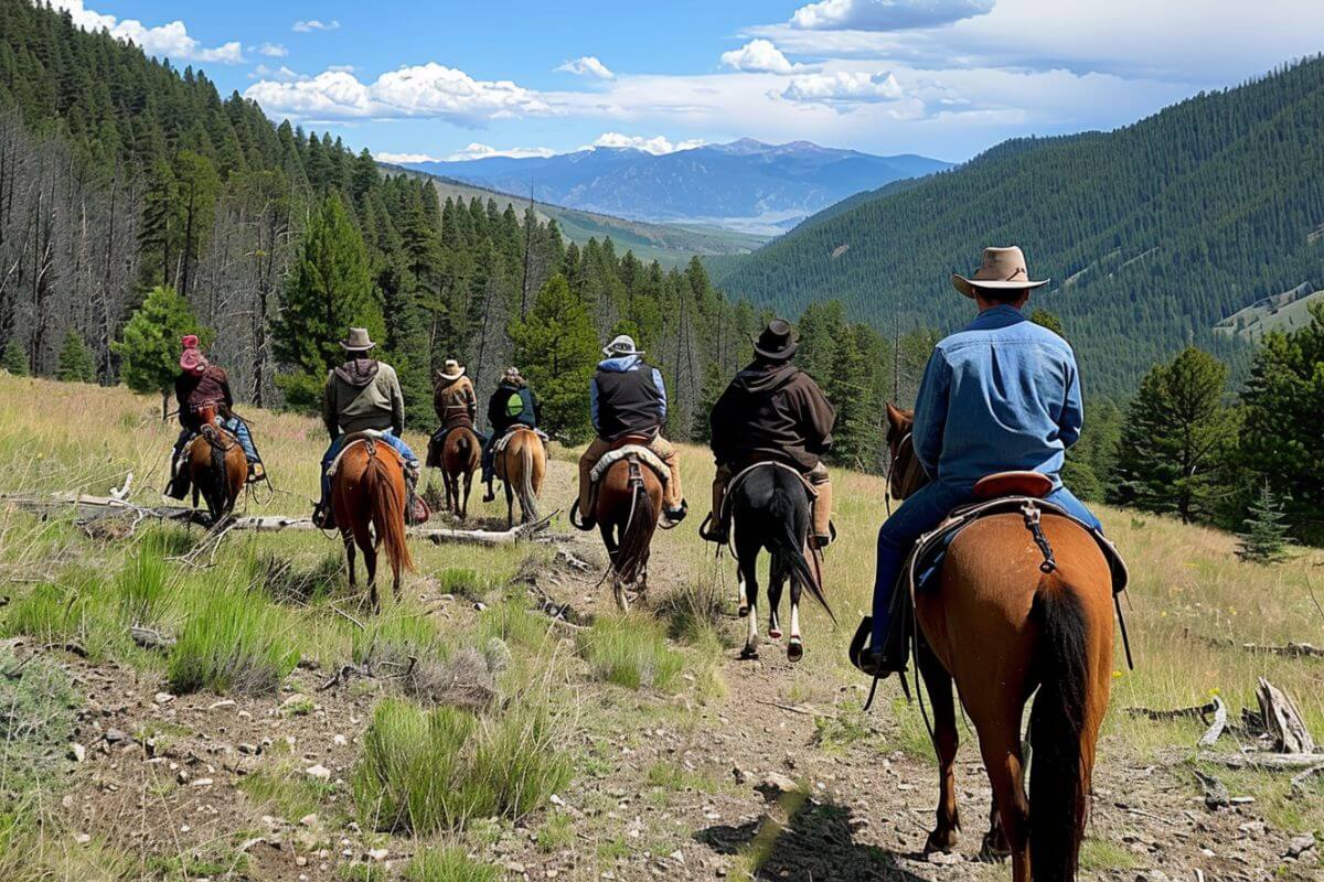 A group of hunters on horseback while hunting elk in Montana.