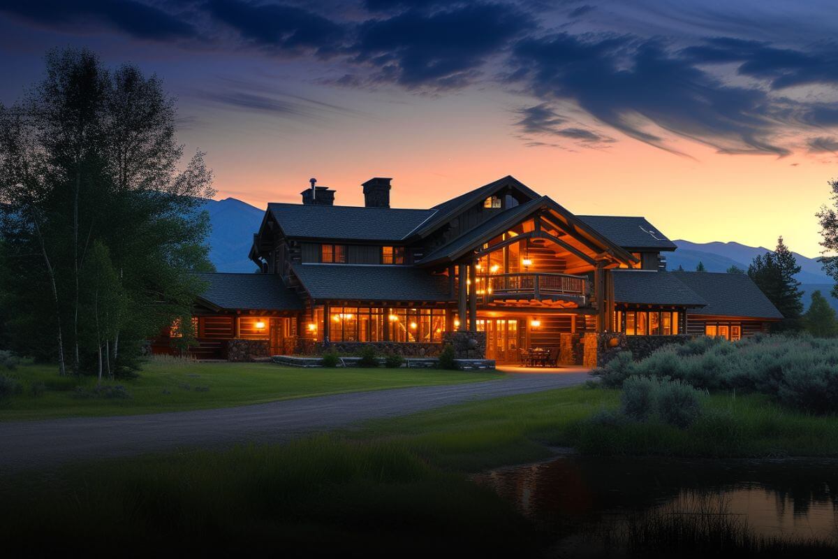A large log home is lit up at dusk at the Silver Bow Club, Montana.