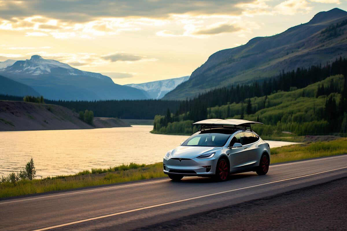 An electric car is cruising along a road near a lake in Montana.