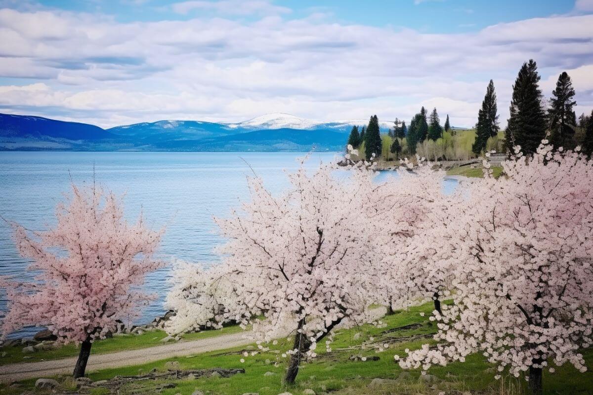 Blooming cherry trees near the Flathead Lake