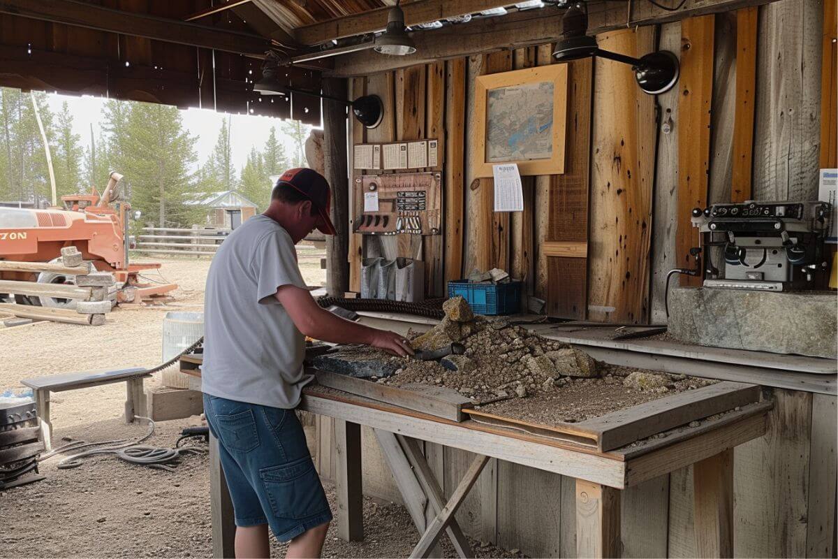 A man working on a pile of stones in a shed at Yellowstone Gemstone Mining Company, Montana.