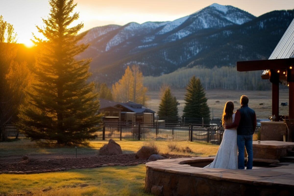 A well-dressed couple takes in the sunset from their cabin porch during their romantic Montana vacation.