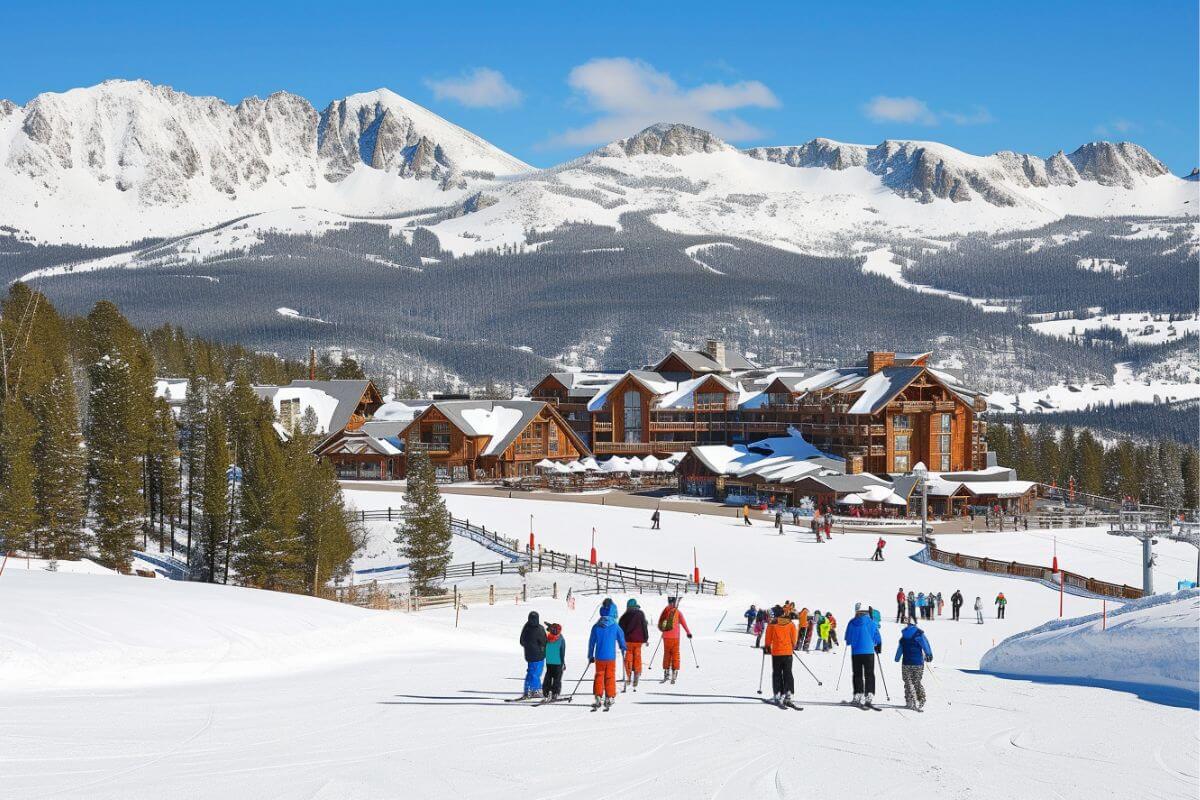 A group of people visiting Montana, skiing in the snow at Big Sky Resort.