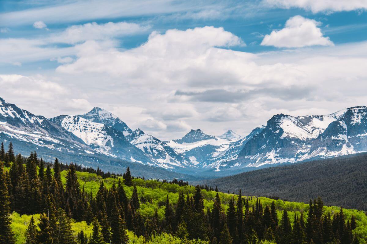 A stunning view captures a majestic snowy mountain range beneath a cloudy blue sky, complemented by a lush landscape and trees in the foreground.