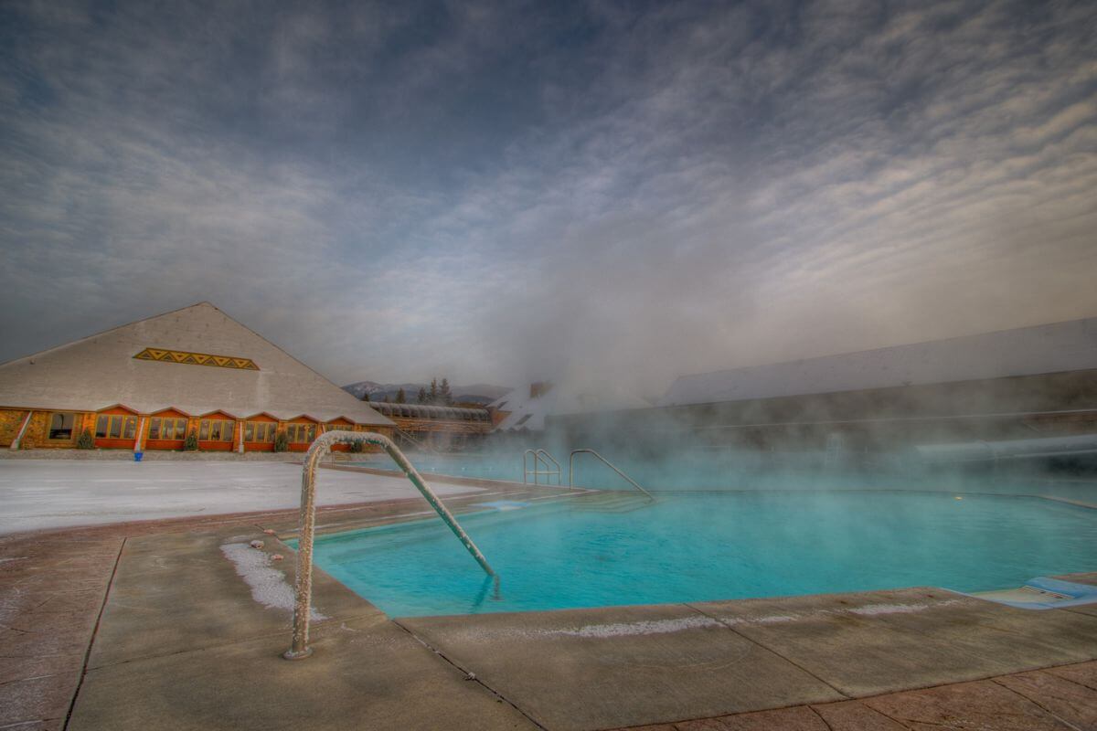 A steaming hot spring pool at Fairmont hot springs as seen during a cold Montana winter. 