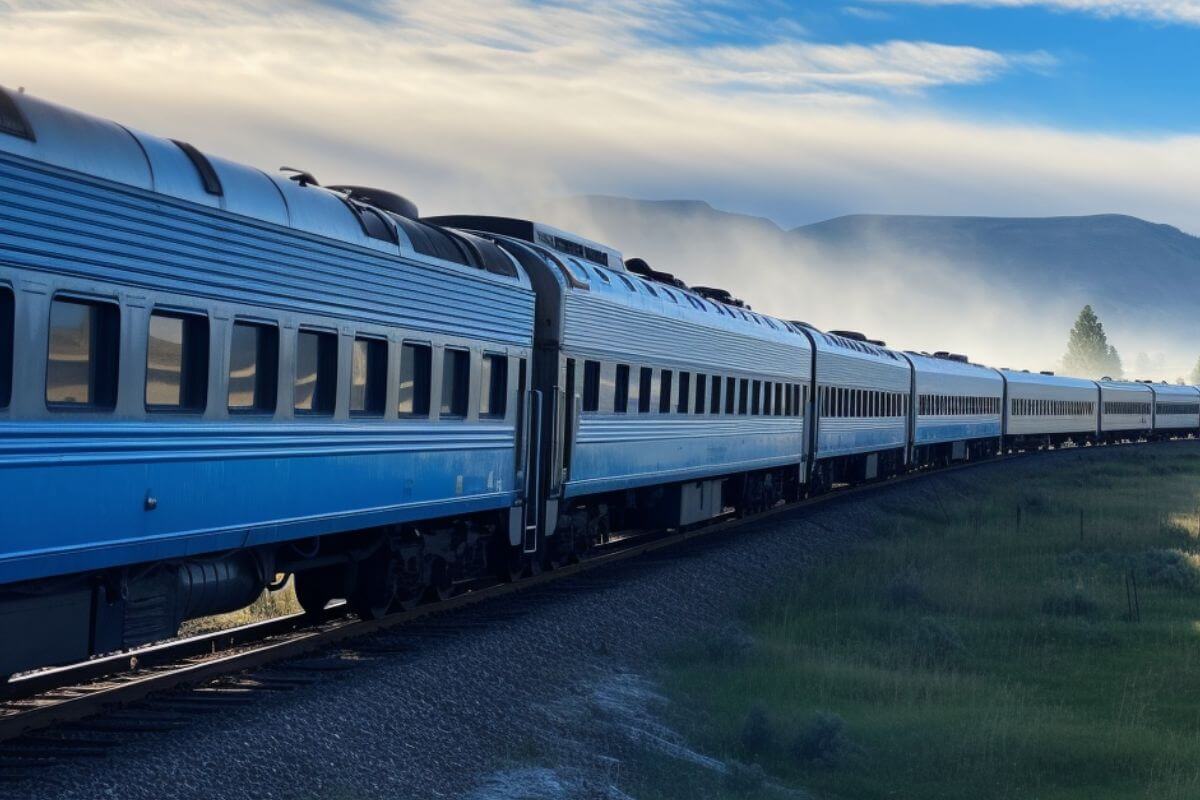 A blue train traveling through Montana railways.