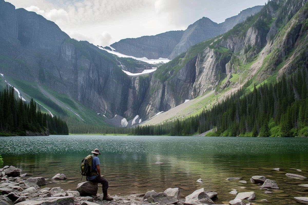 A man sitting on rocks near Avalanche lake in Montana's mountains.