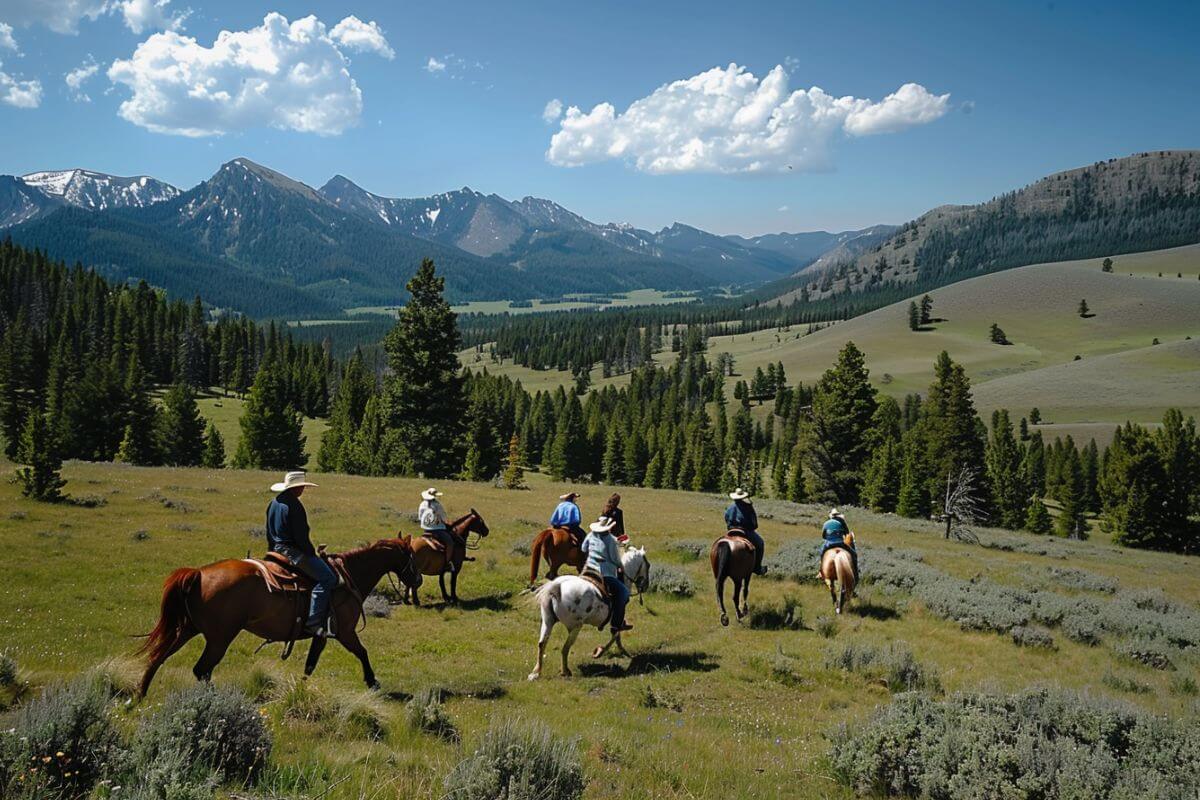 A group of people riding horses in Montana's wide open spaces.