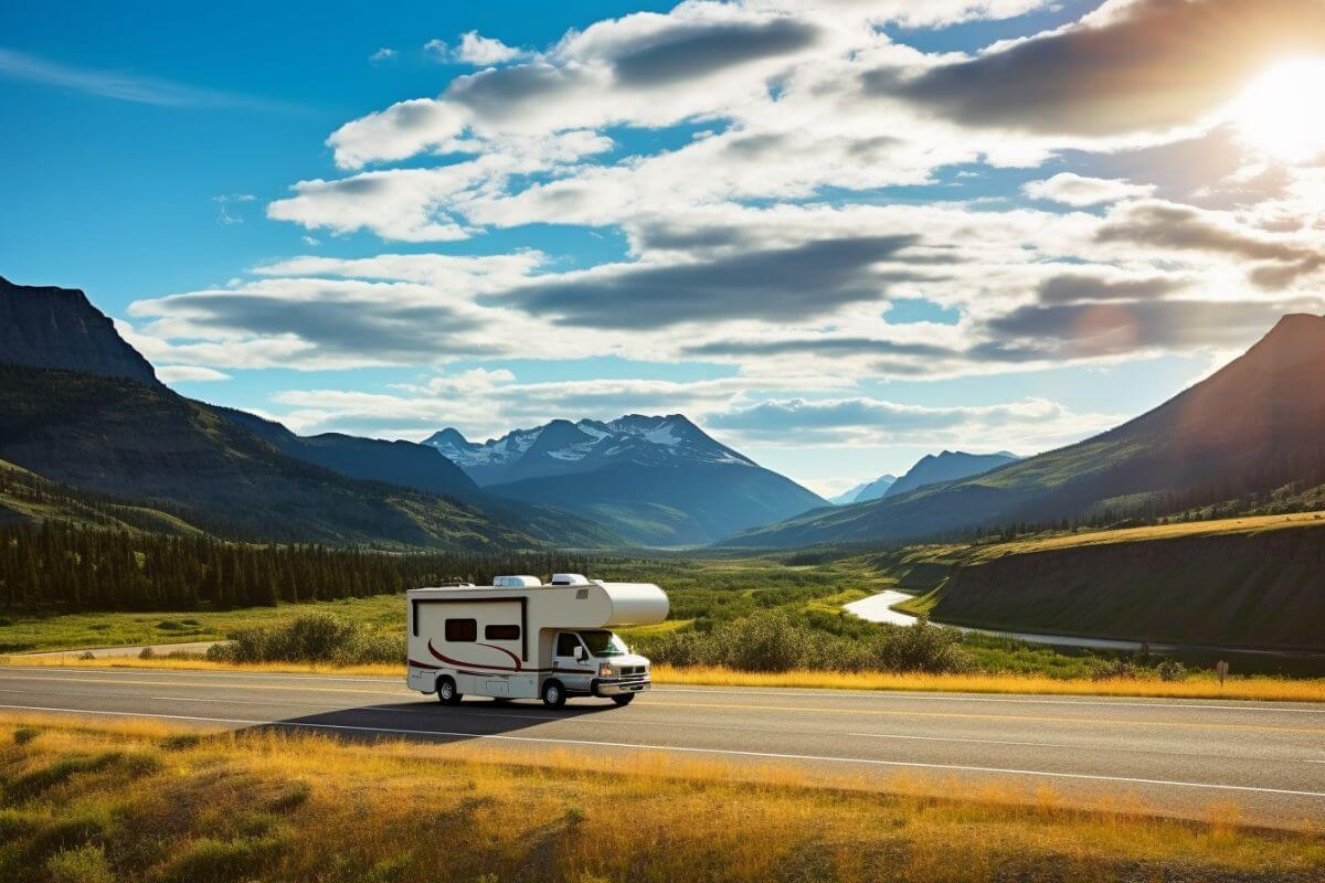 An RV traveling down a road in Montana with mountains in the background, providing a picturesque scene for travelers seeking to get an immersive experience.