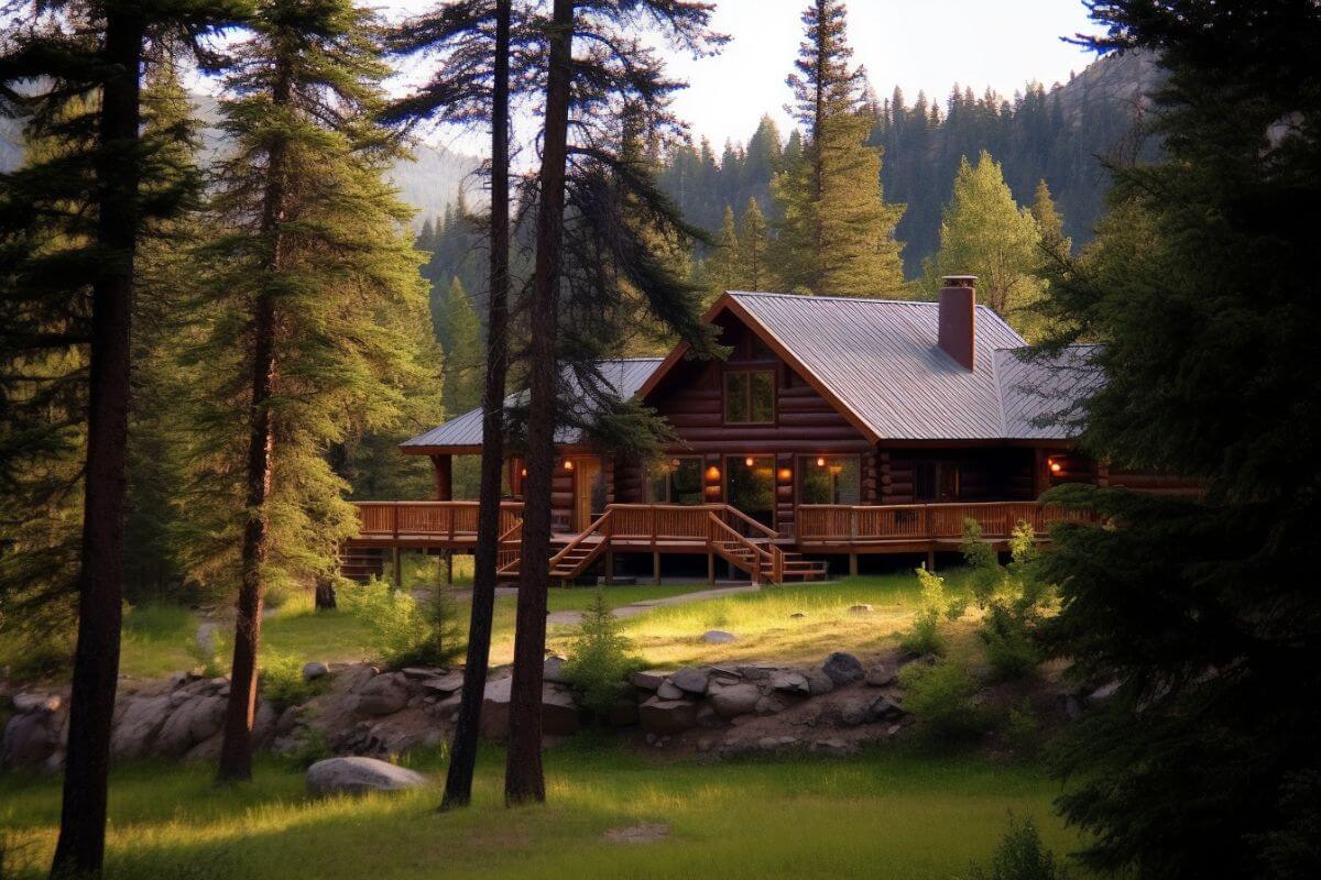 A charming log cabin nestled amid a picturesque forest in Montana.