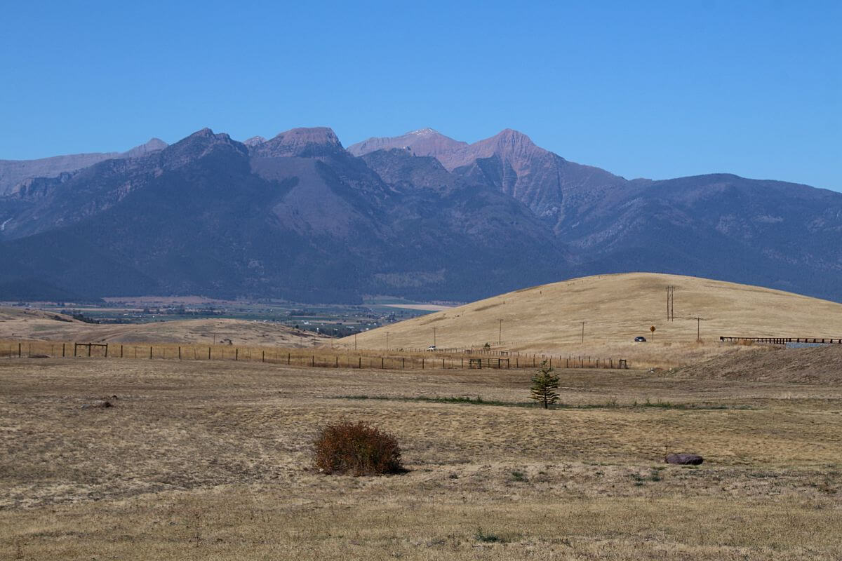A dry field in Montana with mountains in the background.