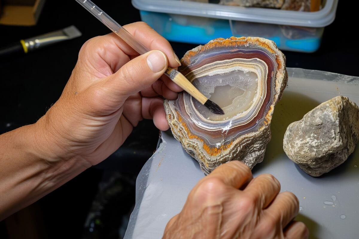 A person is delicately cleaning a piece of Montana Agate with a paintbrush.
