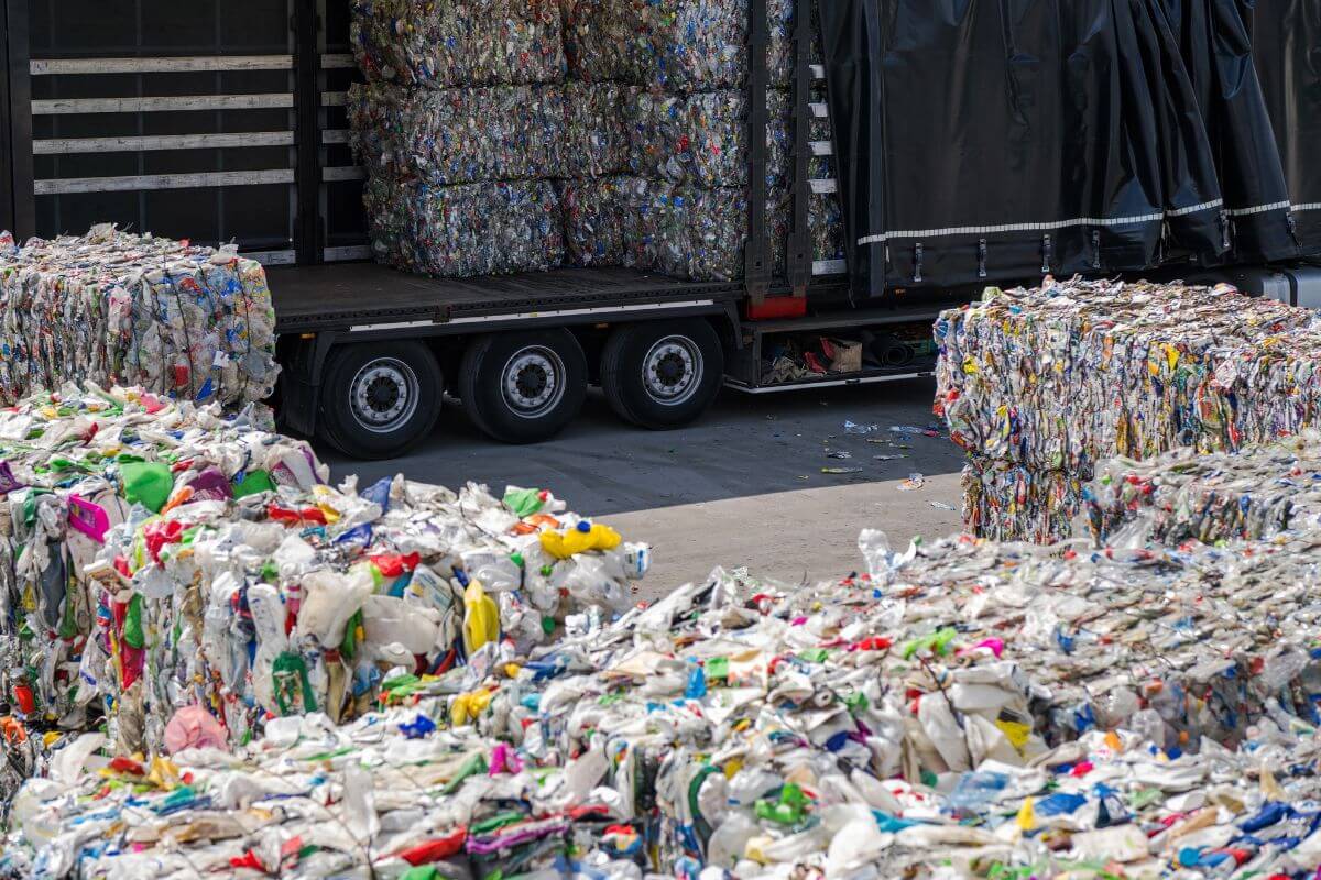 A truck is parked next to a pile of plastic bags