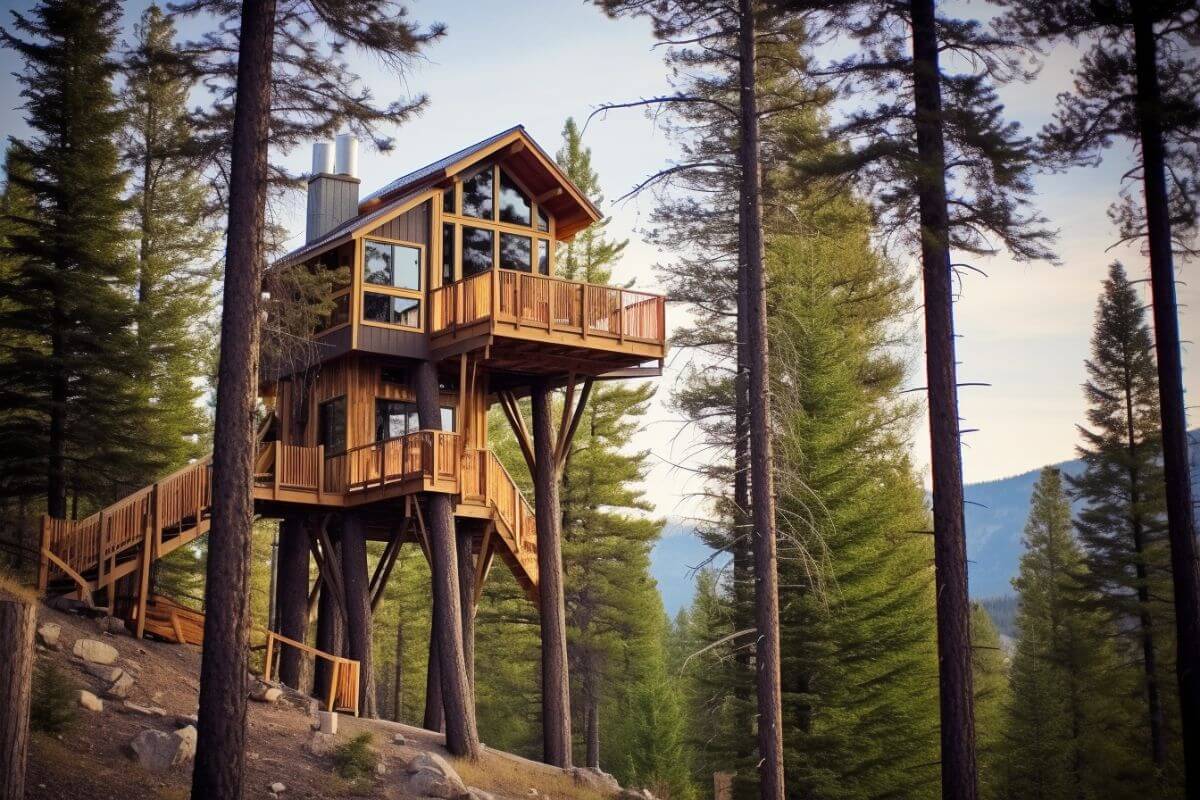 A unique tree house nestled atop a hill in the picturesque Montana woods offers an unforgettable getaway experience.