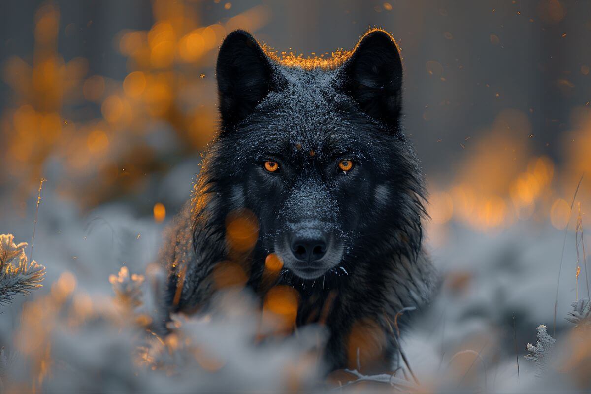 A large black gray wolf with an intense forward-focused gaze is spotted in the snow during Montana's wolf hunting and trapping season.