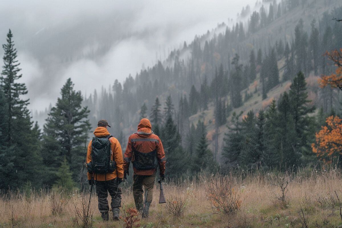 Two hunters in Montana decked in full gear trudge through a foggy field toward a forest to hunt antelope