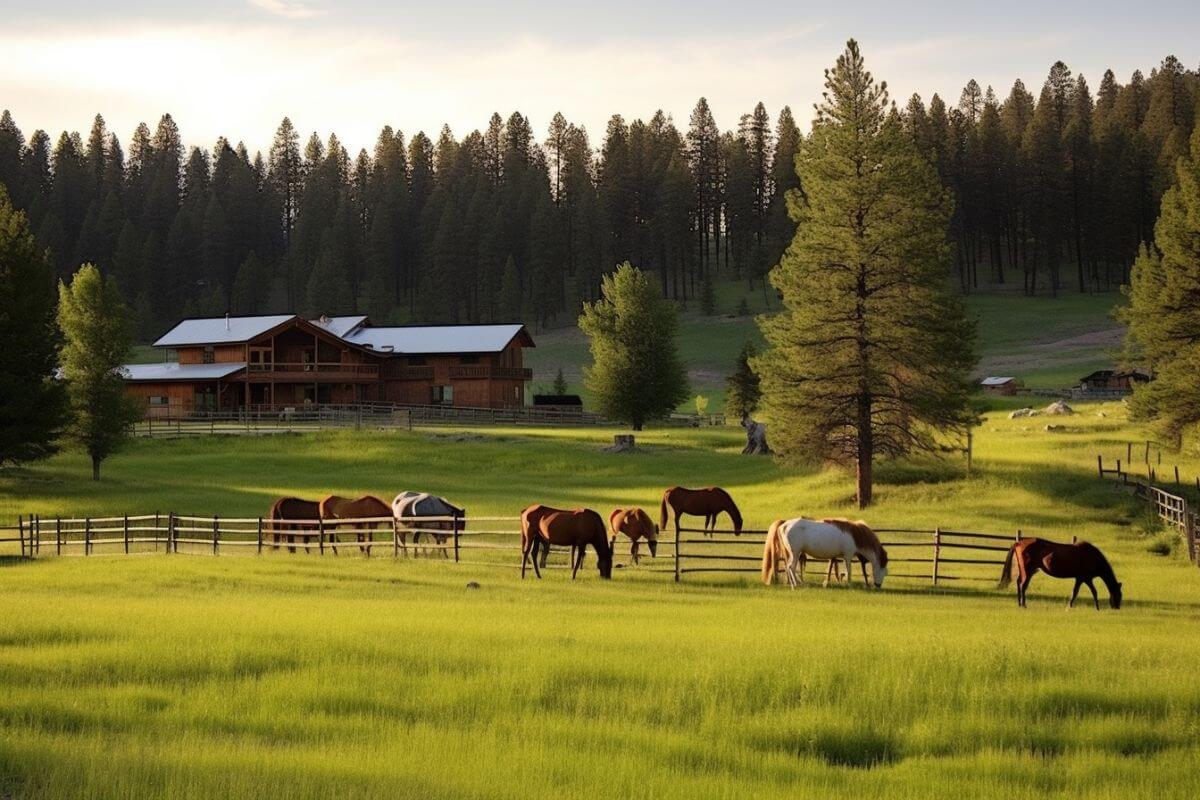 A group of horses grazing in a grassy field on a Montana ranch.