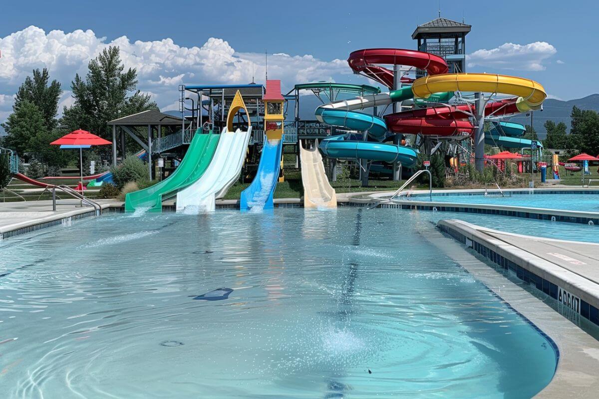 Water slides and a large pool with clear waters in Ridge Waters Waterpark.