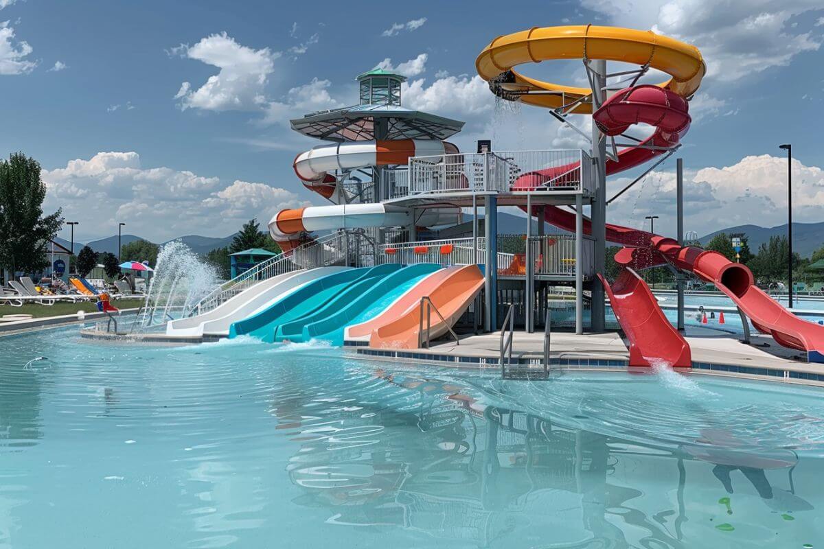 Ridge Waters Waterpark in Montana featuring multiple thrilling water slides and a large pool.