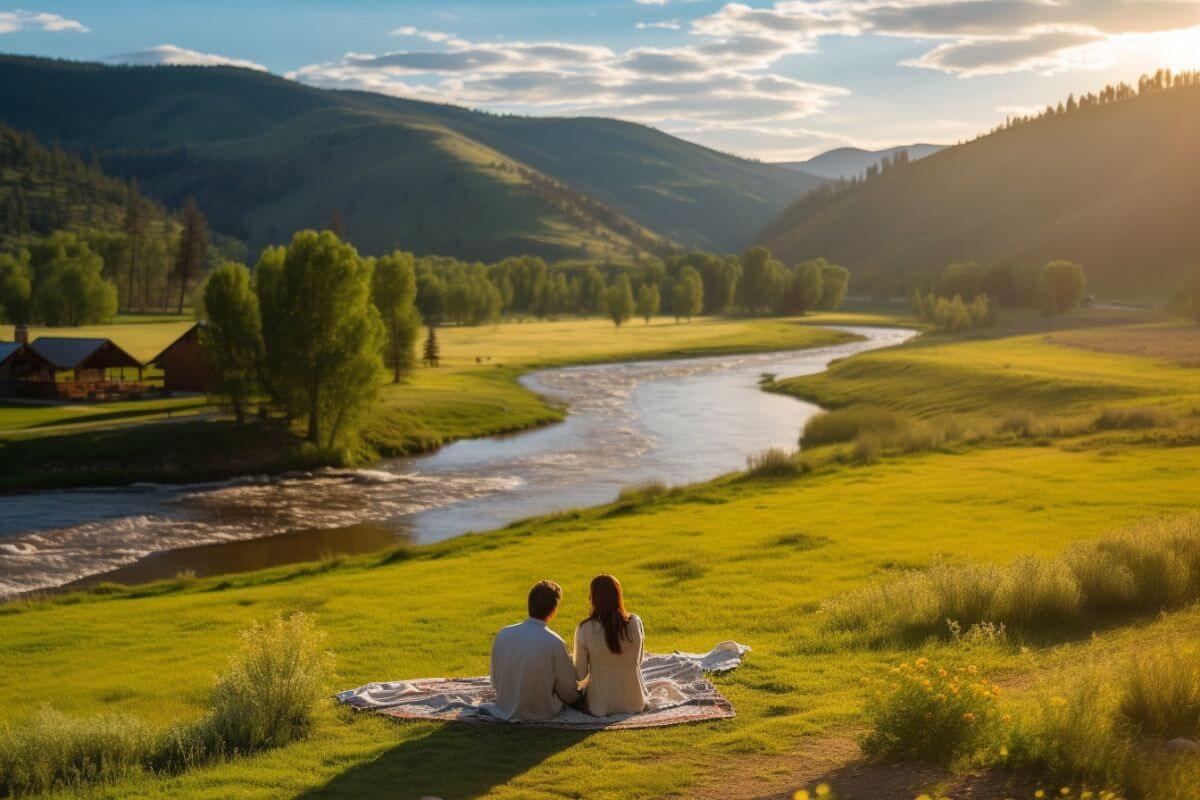 A couple sits on a blanket beside a river during their honeymoon in Montana.