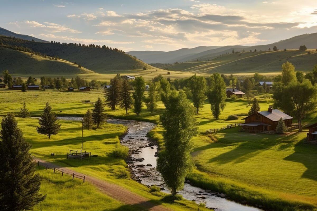 A view of a valley in Montana with a stream running through it.