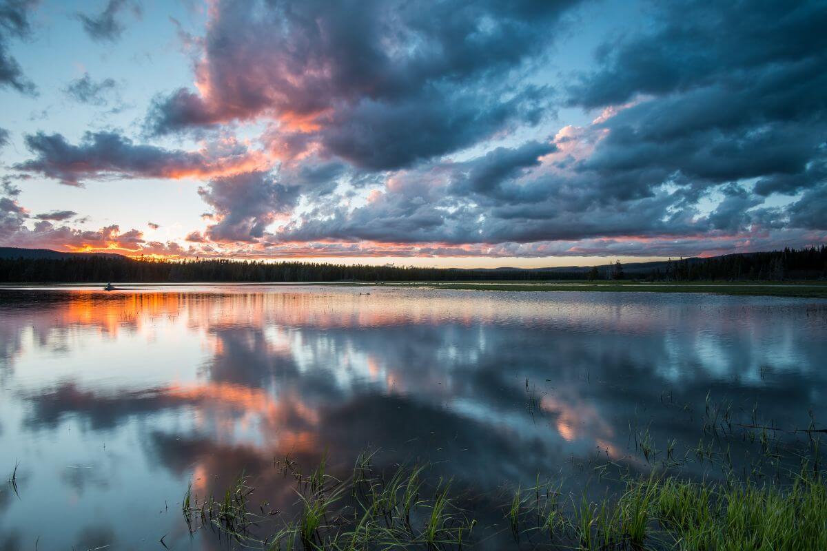 Sunset over a lake in Yellowstone National Park, Montana.