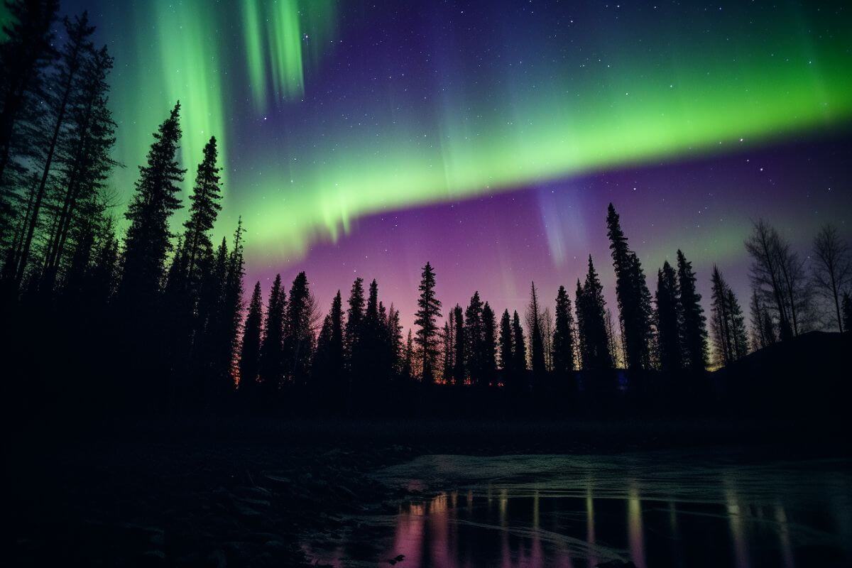 A breathtaking aurora borealis dances gracefully over a serene river and lush trees in Montana.