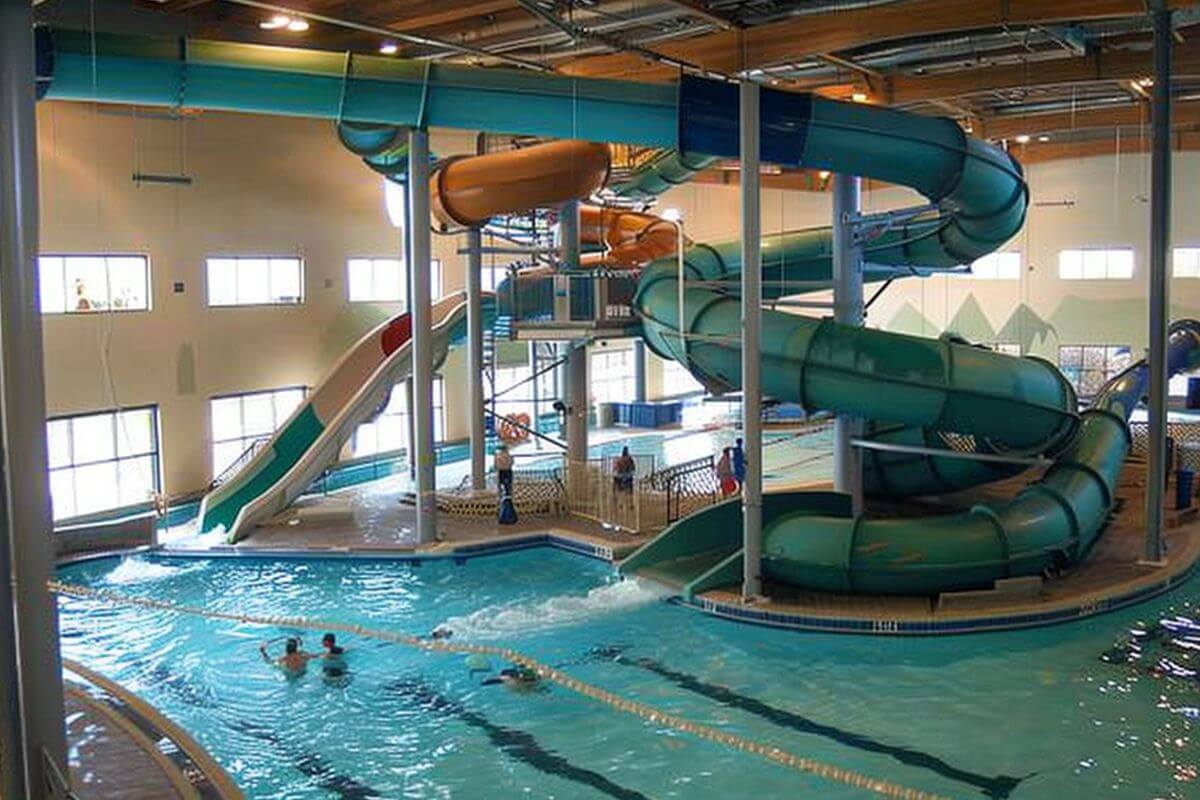 A giant indoor tubular water slide that leads to a large pool at Currents Indoor Waterpark.