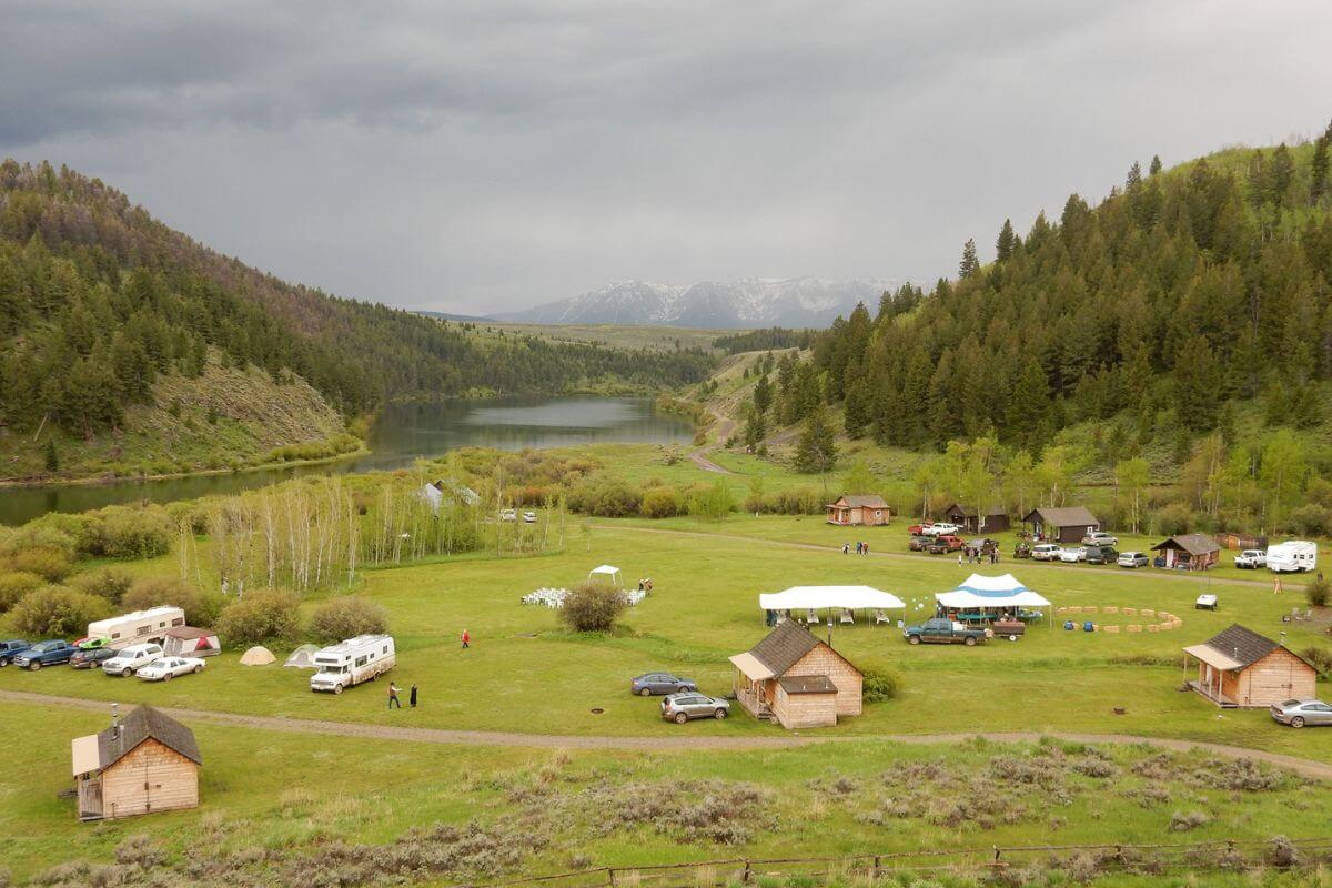 Aerial view of a rustic campground in Elk Lake Resort, one of the best spots to see Montana elk.